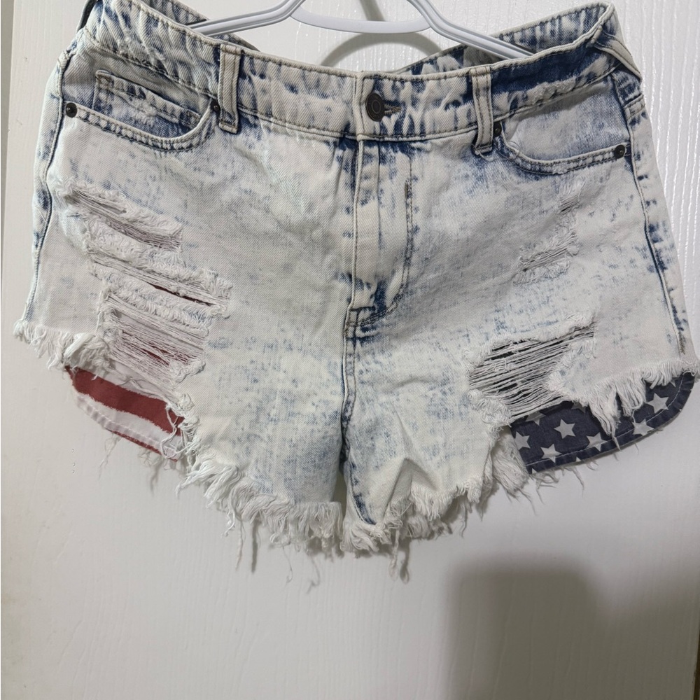 Mudd Denim High Rise Distressed Acid Wash Shorts Women 8 29 American Flag